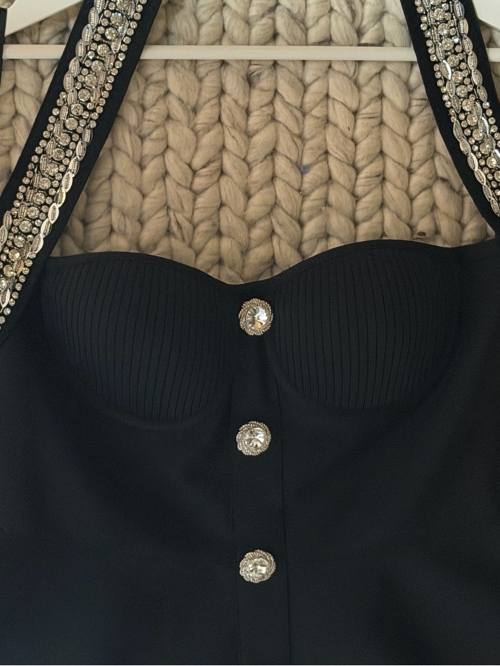 FASHIONOVA- Black Rhinestone Halter Fit-and-Flare Mini Dress - Picture 5 of 7